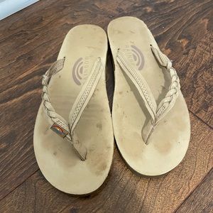 Rainbow leather flip flops sandals - sierra brown, braided strap size 5.5-6.5